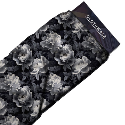 jet black floral print fabric draped — kurta set styling