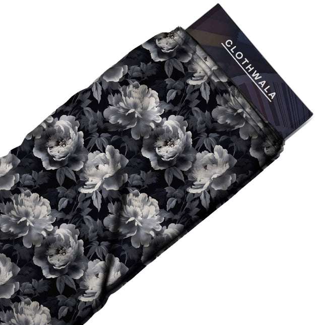 jet black floral print fabric draped — kurta set styling
