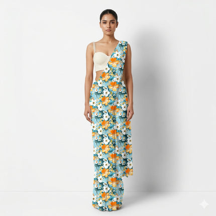 Sky Blue Floral Digital Print Fabric for Set | Festive Fusion Wear - Image 3