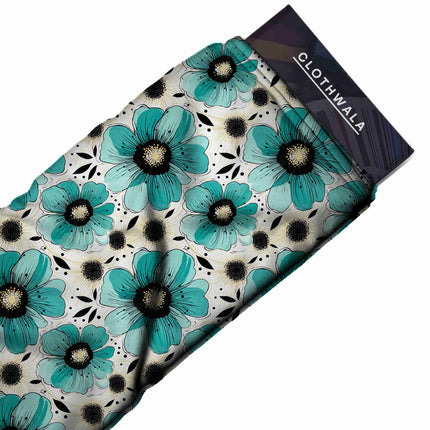 Teal Blue Floral Digital Print Fabric for Dress | Abstract Luxe Wear - Image 7