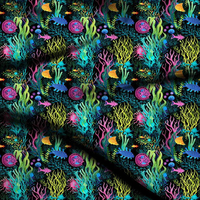 jet black tropical digital print fabric texture — large scale closeup