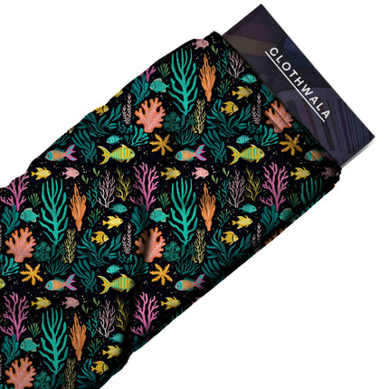 jet black tropical print fabric draped — palazzo pants styling