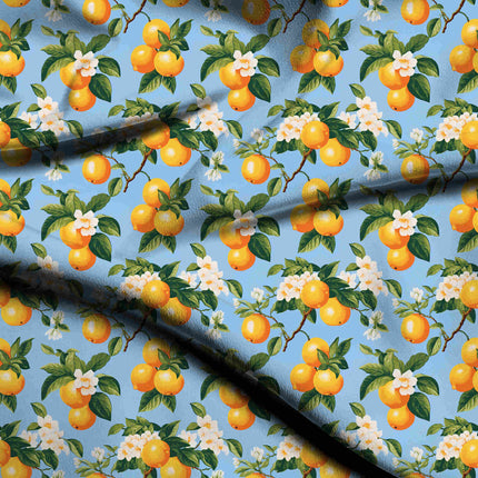 sky blue floral digital print fabric texture — medium scale closeup