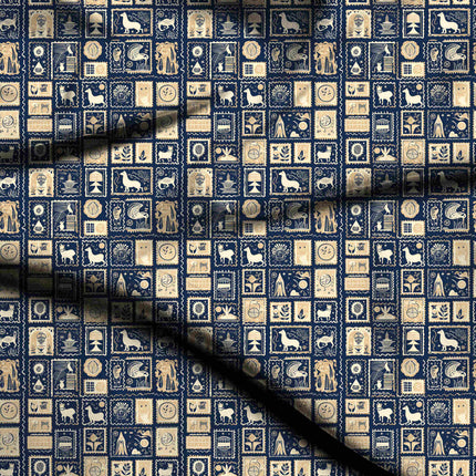 midnight blue ethnic digital print fabric texture — medium scale closeup
