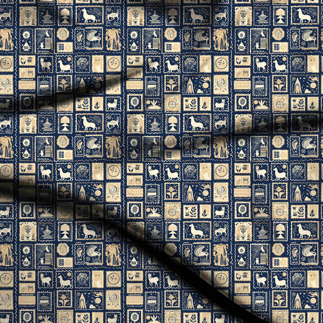 midnight blue ethnic digital print fabric texture — medium scale closeup
