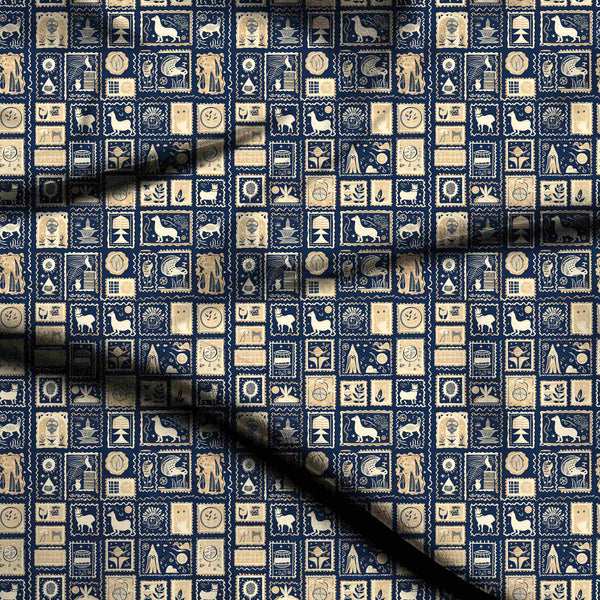 Midnight Blue Artisanal Folk Art Stamp Collecti Print Fabric
