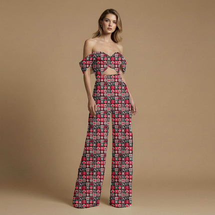 crimson red ethnic all-over print pattern — medium scale repeat layout