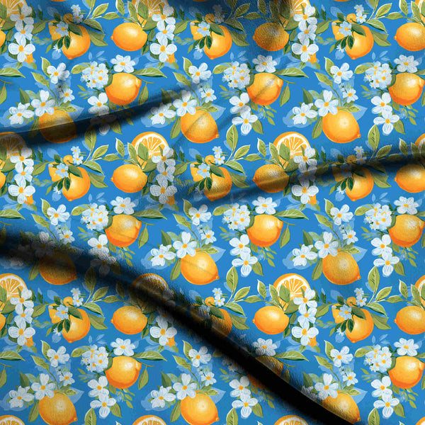 Cerulean Blue Painterly Lemons And Blossoms Print Fabric