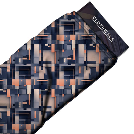 midnight blue geometric print fabric draped — palazzo suit styling