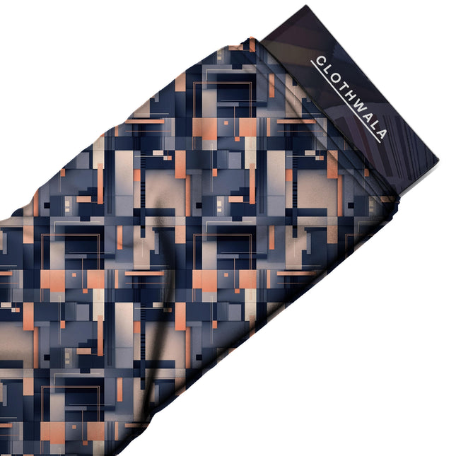 midnight blue geometric print fabric draped — palazzo suit styling