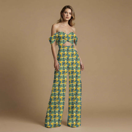 mustard yellow tropical all-over print pattern — large scale repeat layout