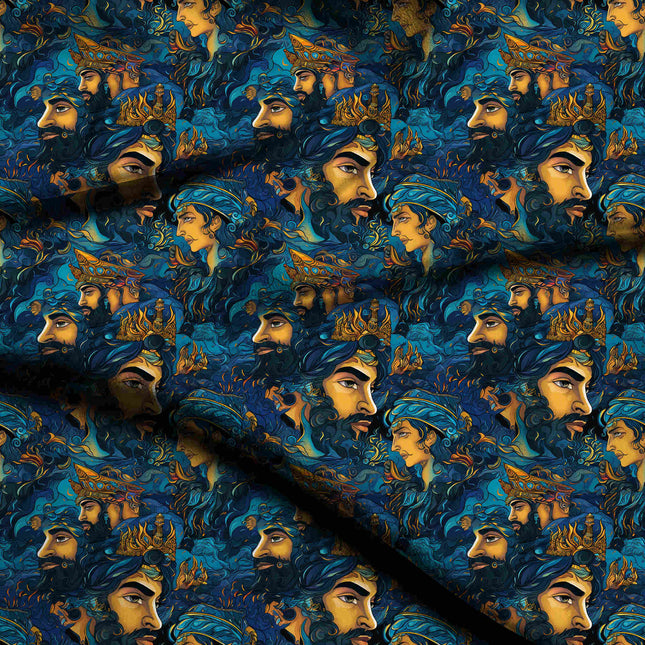 deep indigo ethnic digital print fabric texture — large scale closeup
