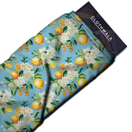sky blue floral fabric detail — textured finish digital print closeup