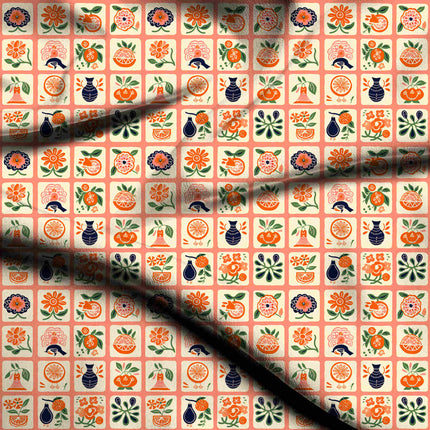 salmon pink ethnic digital print fabric texture — medium scale closeup