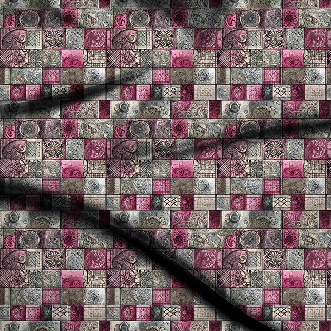 raspberry wine ethnic digital print fabric texture — medium scale closeup