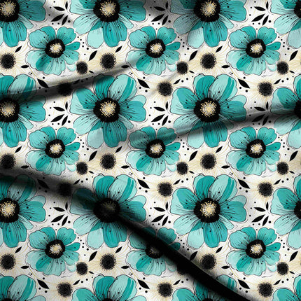 Teal Blue Floral Digital Print Fabric for Dress | Abstract Luxe Wear - 5340