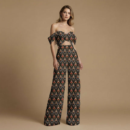 jet black geometric print fabric draped — trousers styling