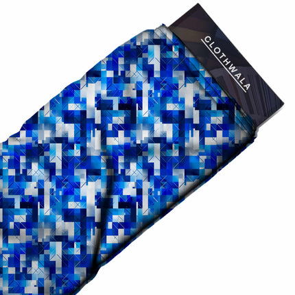 cobalt blue geometric fabric detail — textured finish digital print closeup