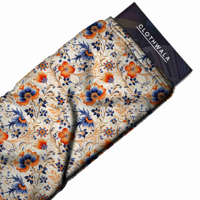 burnt orange floral print fabric draped — maxi dress styling