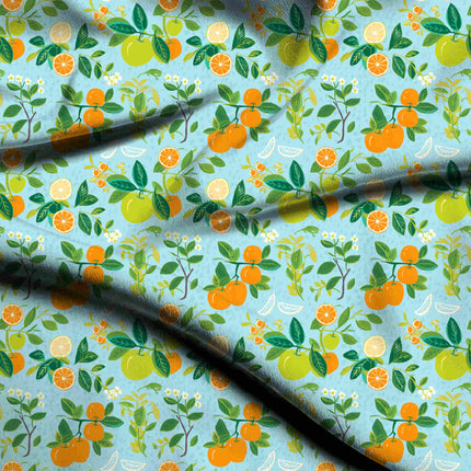 sky blue tropical digital print fabric texture — medium scale closeup