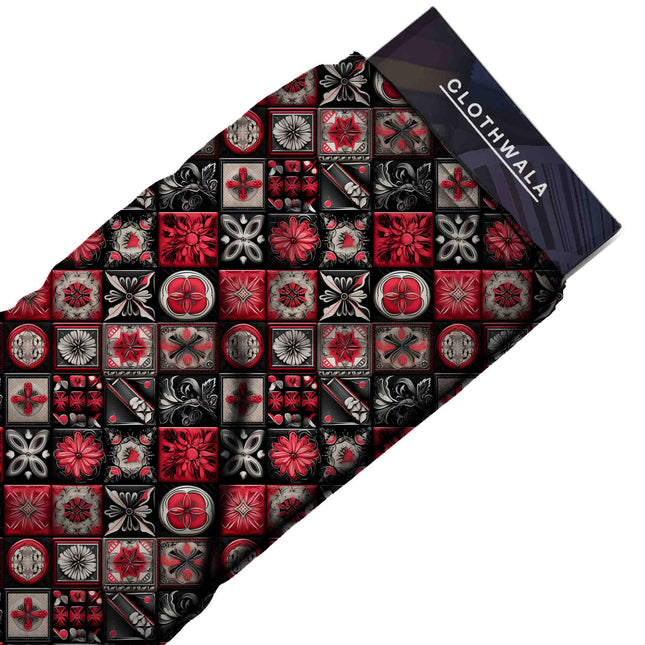 crimson red ethnic print fabric draped — blazer styling