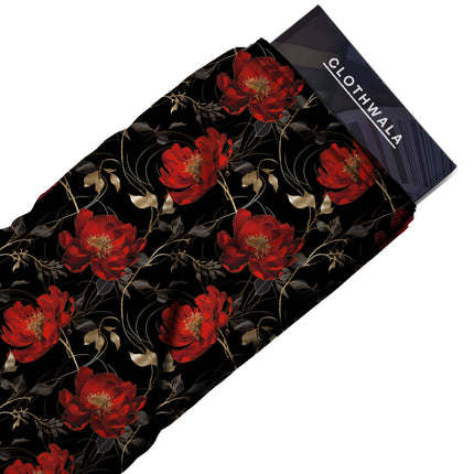 crimson red floral print fabric draped — anarkali suit styling