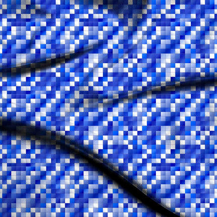 cobalt blue geometric fabric detail — glossy finish digital print closeup