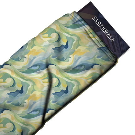 indigo blue abstract print fabric draped — maxi dress styling