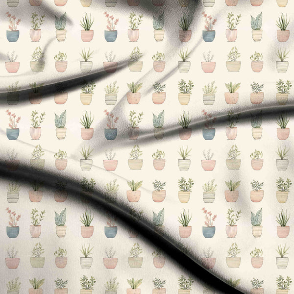 Ivory Cream Dainty Hand-drawn Potted Houseplants Illustrati Print Fabric