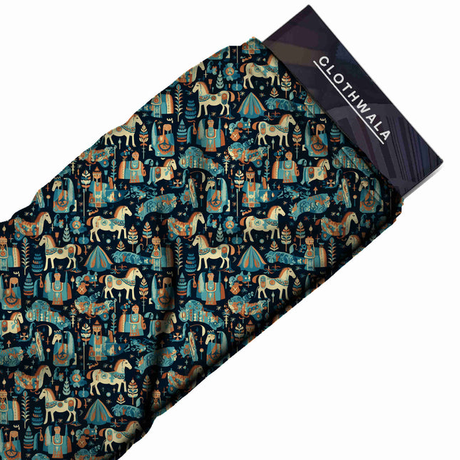 teal ethnic print fabric draped — palazzo suit styling