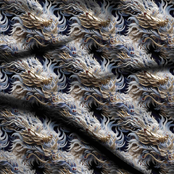 Metallic Gold Intricate 3D Dragon Motifs Print Fabric