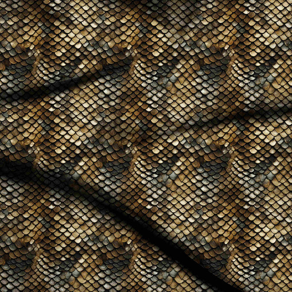 Antique Gold Hyper-realistic Overlapping Metallic Dragon Or Print Fabric