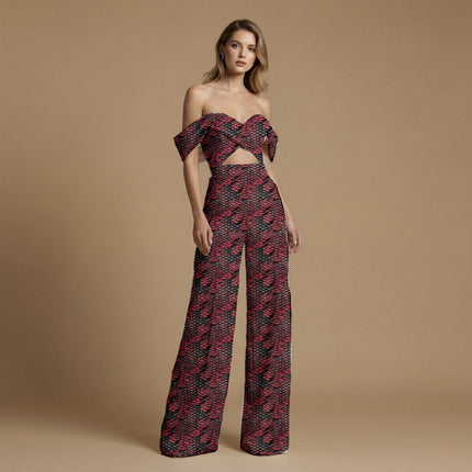 crimson animal print fabric draped — fitted trousers styling
