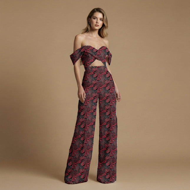 crimson animal print fabric draped — fitted trousers styling