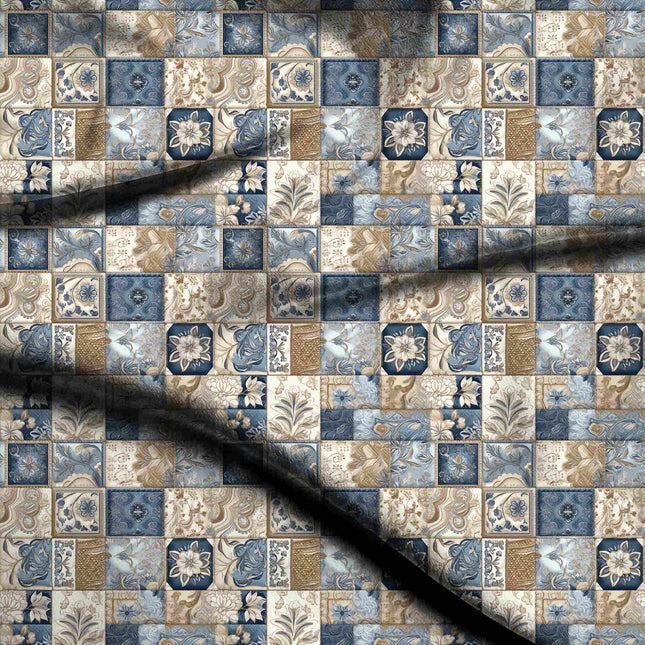 slate blue ethnic digital print fabric texture — medium scale closeup