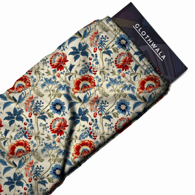 crimson red floral print fabric draped — saree styling