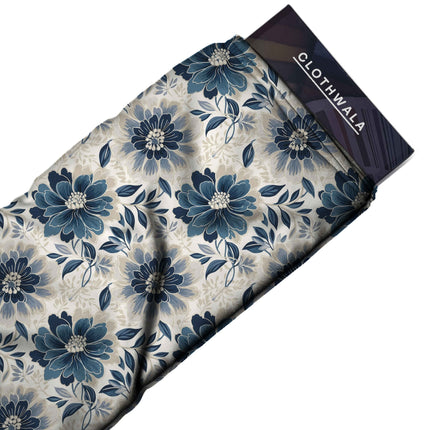 Ivory Cream Floral Digital Print Fabric for Lehenga | Formal Wear - Image 7