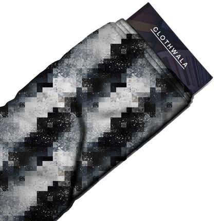 jet black geometric print fabric draped — structured dress styling