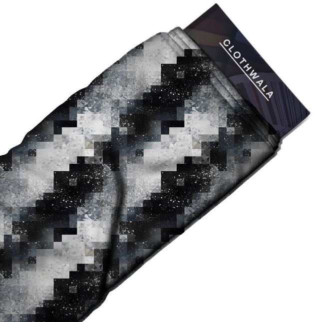 jet black geometric print fabric draped — structured dress styling