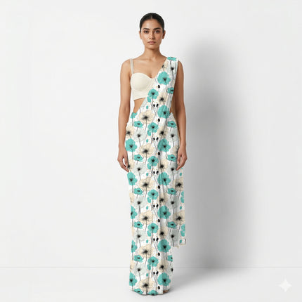 Teal Blue Floral Digital Print Fabric for Dress | Geometric resort wear - Image 6