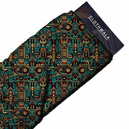 teal ethnic print fabric draped — wide-leg trousers styling