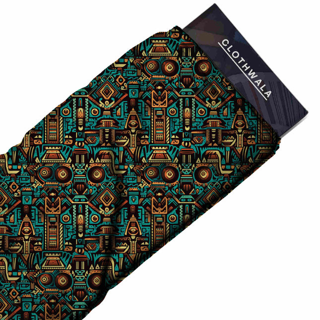 teal ethnic print fabric draped — wide-leg trousers styling