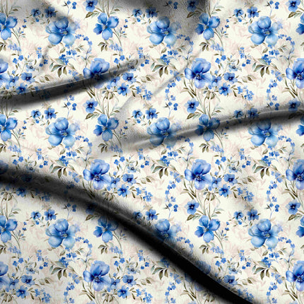 cobalt blue floral digital print fabric texture — medium scale closeup
