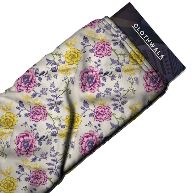 magenta floral print fabric draped — maxi dress styling