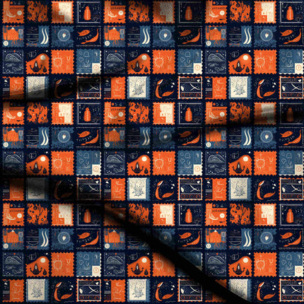 midnight blue ethnic digital print fabric texture — medium scale closeup