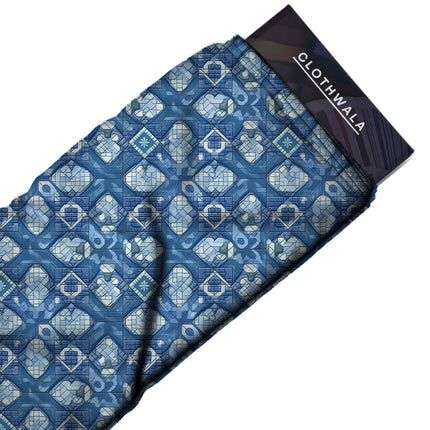 cobalt blue geometric fabric detail — textured finish digital print closeup