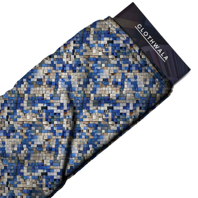 cobalt blue geometric print fabric draped — kurta styling