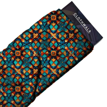 teal blue geometric fabric detail — textured finish digital print closeup