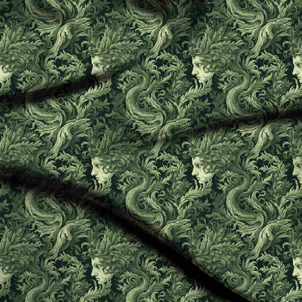 Forest Green Mythological Faces Emerging Print Fabric