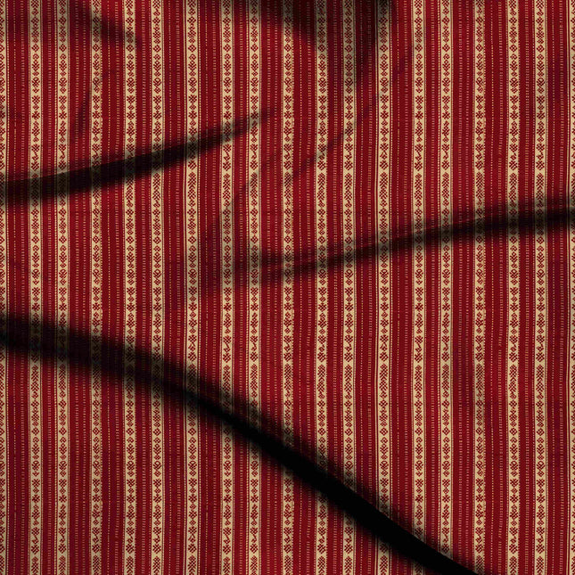 Deep Crimson Stripes Digital Print Fabric | Saree Lehenga Dupatta | Festive Indian Wear | Vintage Courtly Scenes - 1275